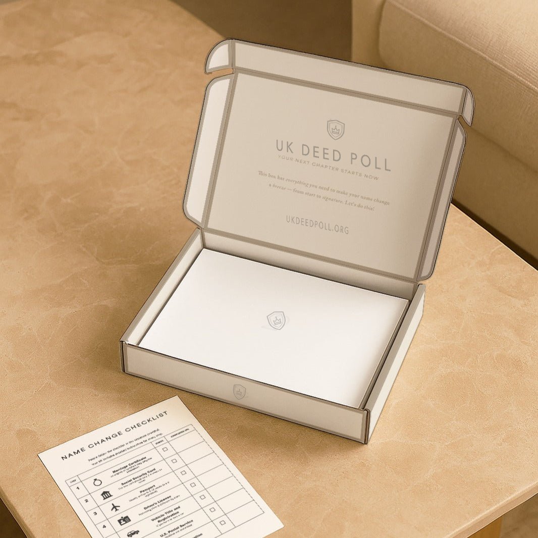 UK Deed Poll Name Change Kit: open box with completed forms and checklist